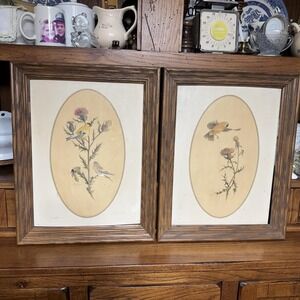 Vintage Harry J Moeller Framed Lithograph Art Set of 2 Birds Floral Whimsical